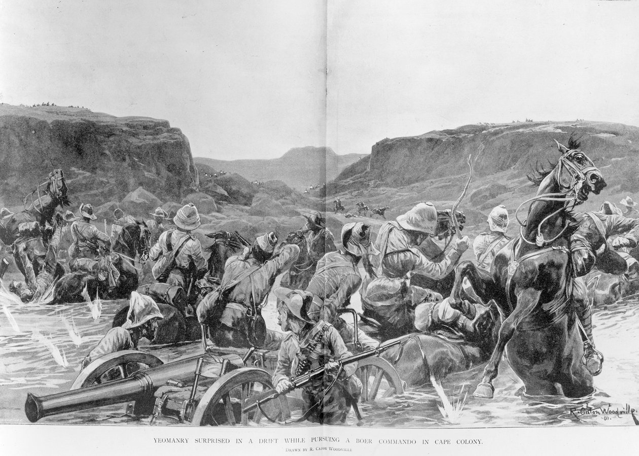 Yeomanry überrascht in einem Drift bei der Verfolgung eines Burenkommandos in der Kapkolonie von Richard Caton Woodville junior