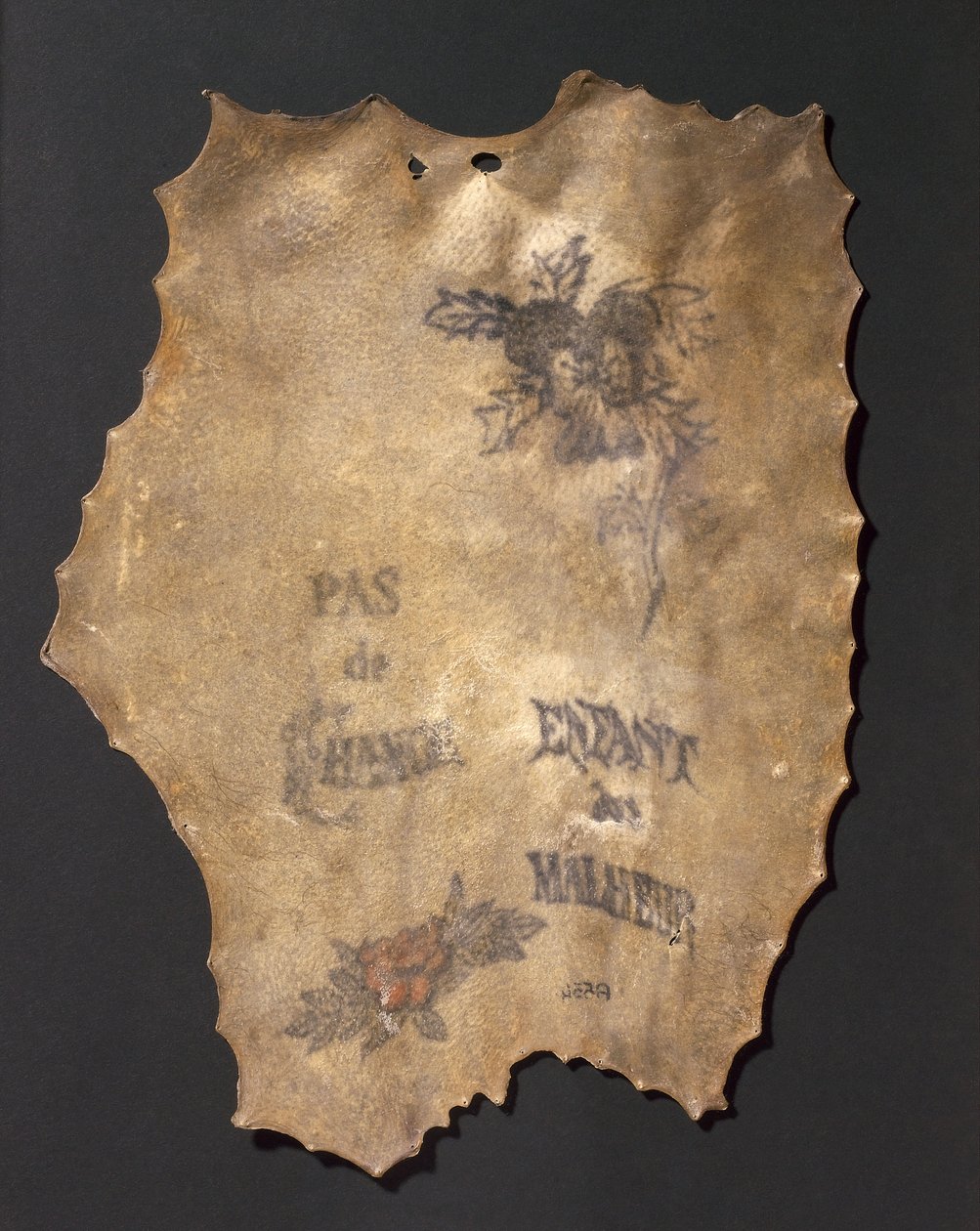 Menschliche Haut, tätowiert mit Blumen und Inschriften, Französisch von John Pardon