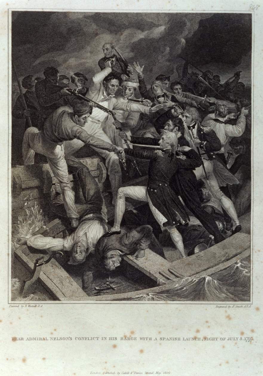 Konflikt von Konteradmiral Nelson in seiner Barke mit einem spanischen Boot, Nacht des 3. Juli 1797, graviert von A. Smith, veröffentlicht von Cadell & Davies, Mai 1809 von Richard (after) Westall