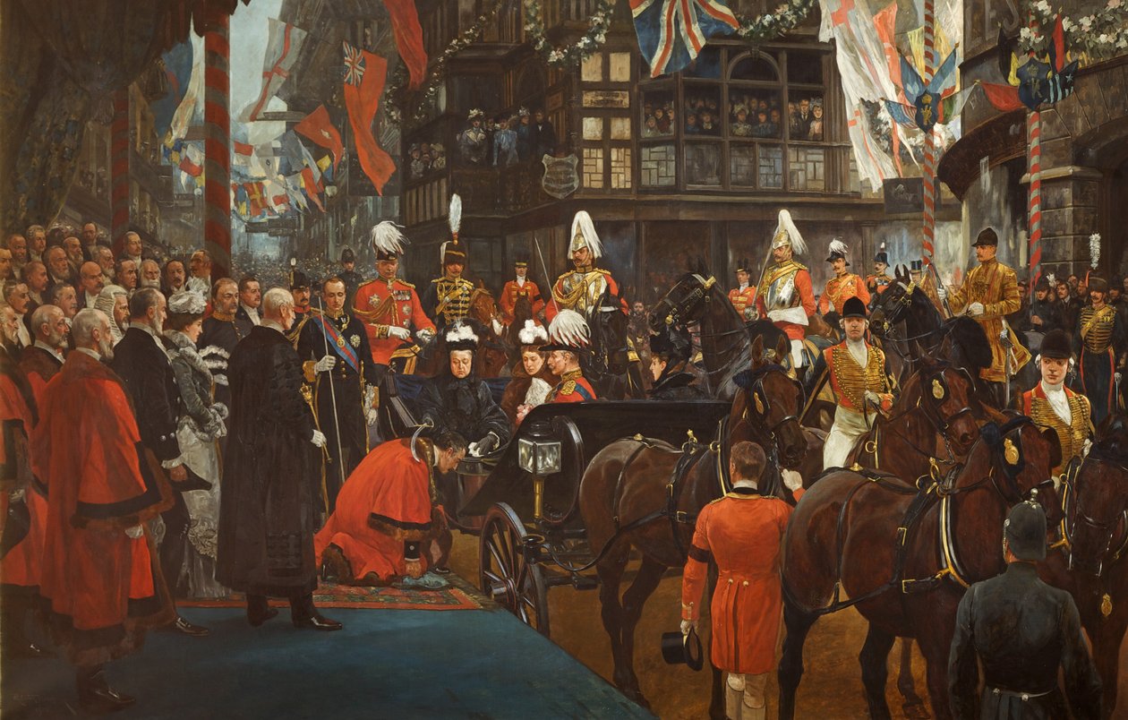 Königin Victoria schlägt Herbert Ashman, Esq., den ersten Lord Mayor von Bristol, im Rathaus am 12. November zum Ritter von Richard Caton II Woodville