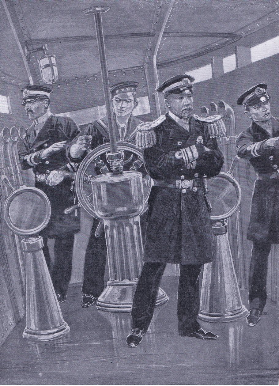 Admiral Togo im Kommandoturm seines Flaggschiffs, der eine Seeschlacht leitet, Illustration aus Cassells Geschichte des Russisch-Japanischen Krieges Band 1, ca. 1900 von Richard Caton Woodville