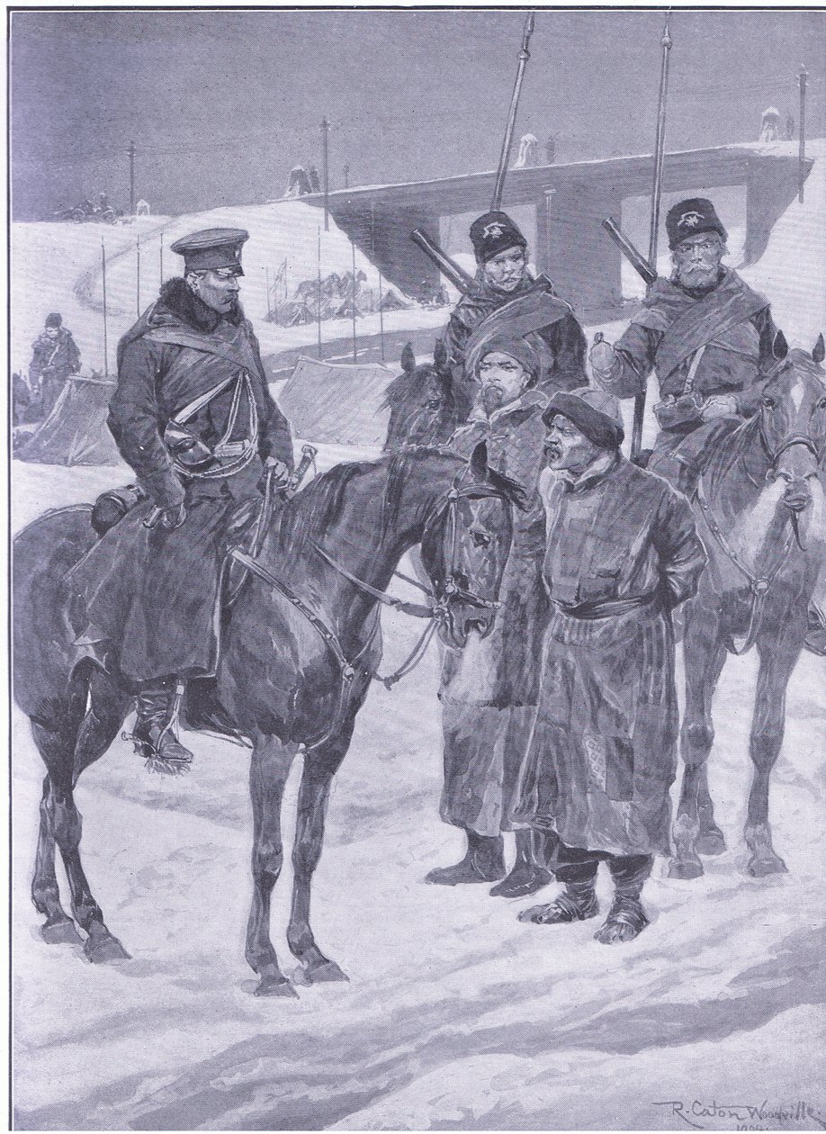 Verhaftung japanischer Spione, die als Kulis entdeckt wurden, Illustration aus Cassells Geschichte des Russisch-Japanischen Krieges Band 1, ca. 1900 von Richard Caton Woodville