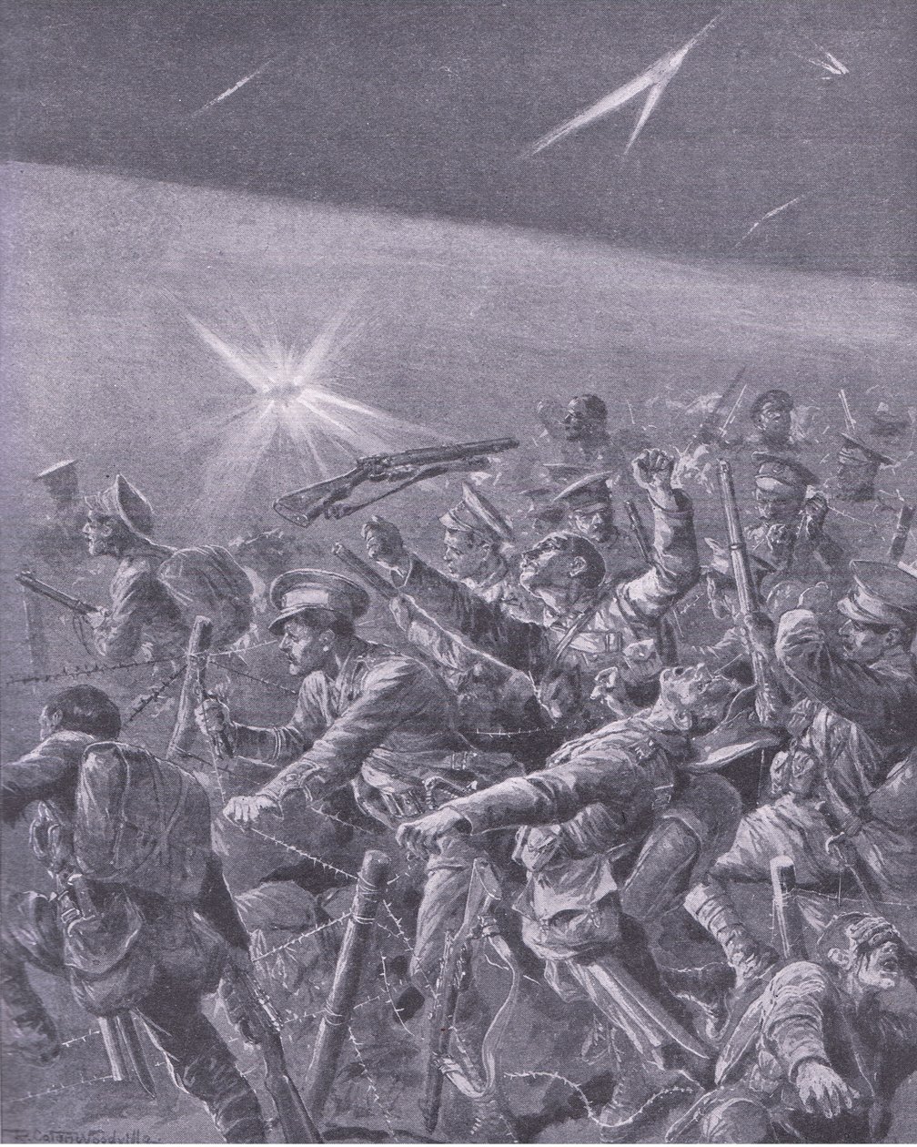 In Stacheldrahtverwicklungen gefangen: Nachtangriff der britischen Infanterie, aus Geschichte des Großen Krieges Band 3, veröffentlicht von Waverley Book Co Limited, ca. 1920 von Richard Caton Woodville