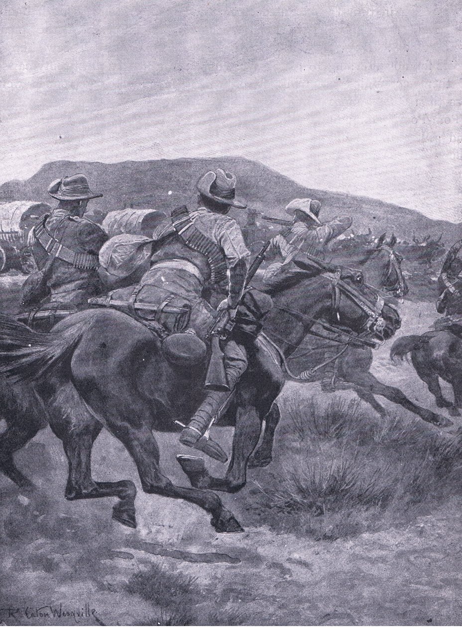 Yeomanry greifen De Wets Nachhut und Transport an, aus After Pretoria: Der Guerillakrieg veröffentlicht von Harmsworth Bros Limited, 1901 von Richard Caton Woodville