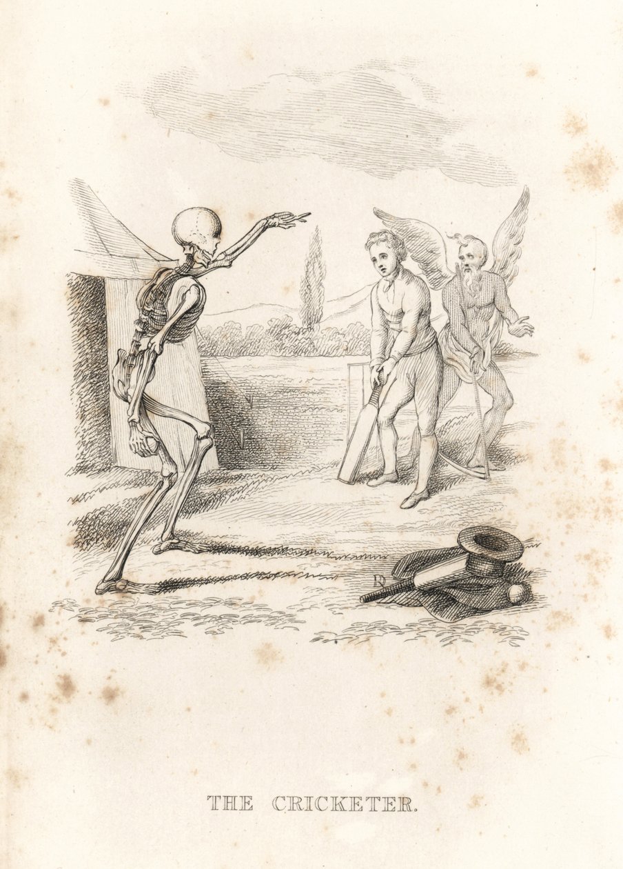 Das Skelett des Todes wirft einen Ball auf einen Kricketspieler (1827, Gravur) von Richard Dagley