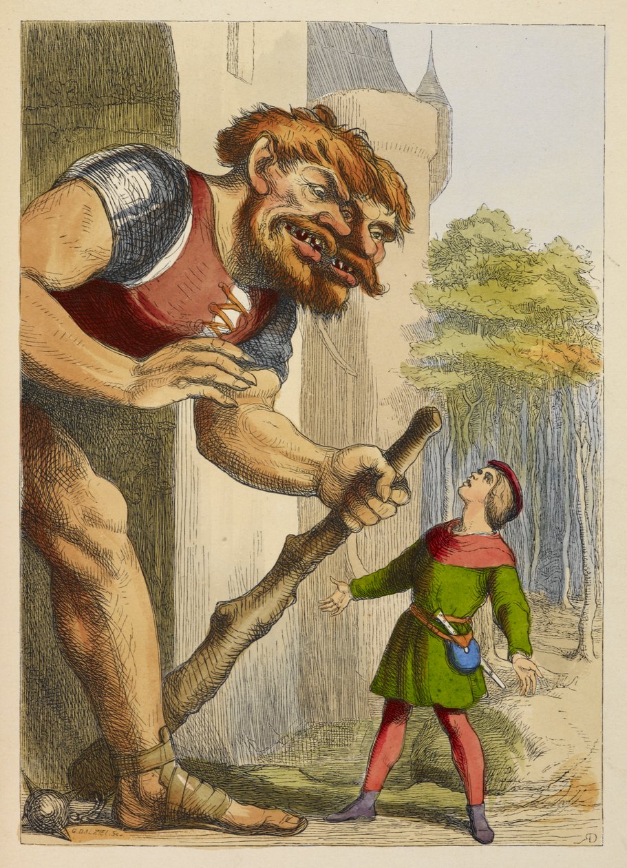 Jack schaut zu einem Riesen auf, der zwei Köpfe hat. Der Riese ist Waliser. Farbige Illustration in einem Kinderbuch. von Richard Doyle