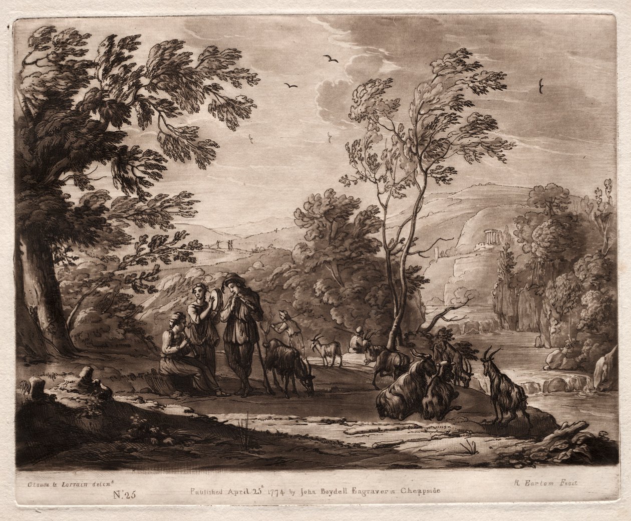 Liber Veritatis: Nr. 25, Eine bergige und bewaldete Landschaft mit Hirten, die spielen, und Ziegen, die weiden von Richard Earlom