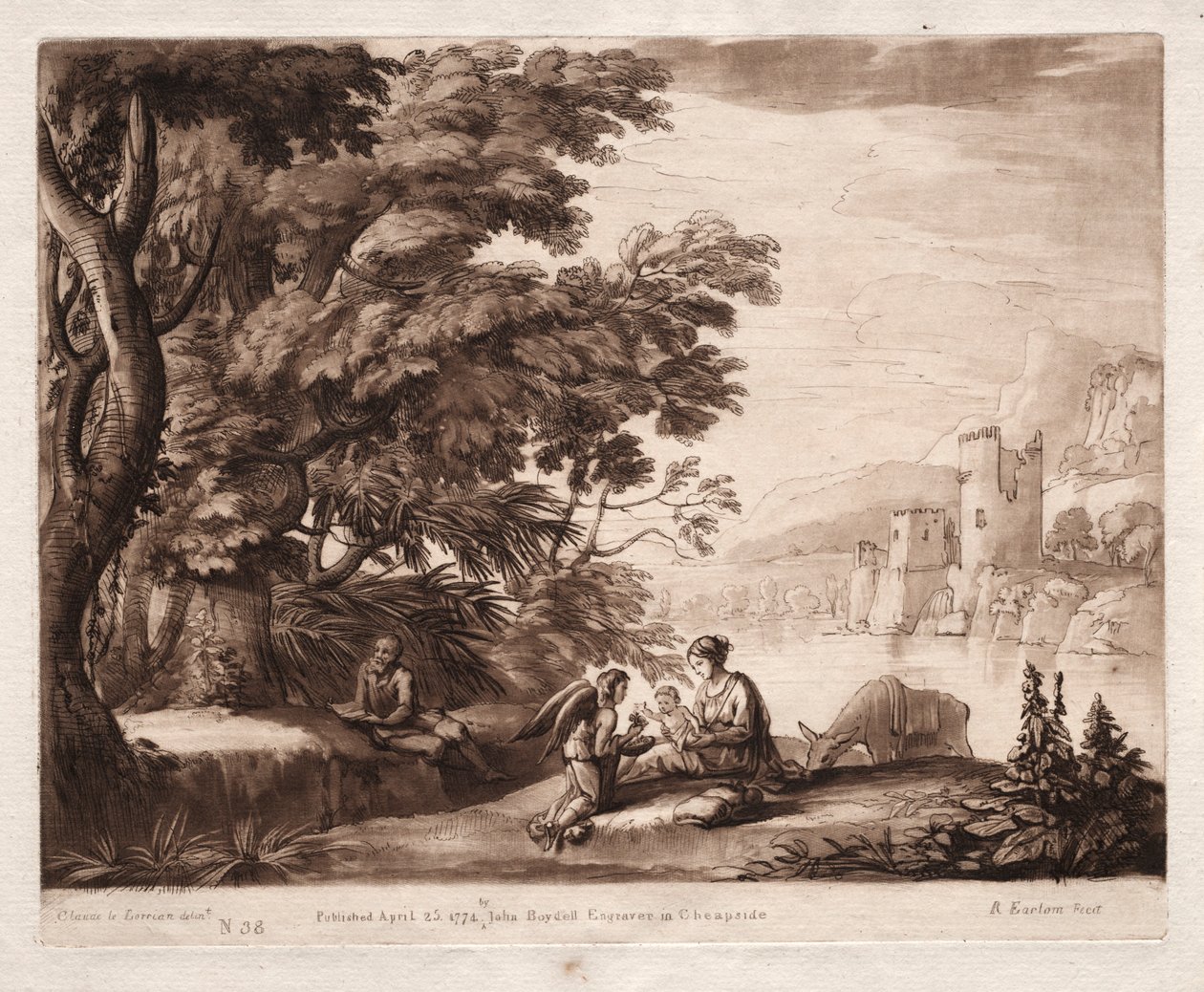 Liber Veritatis: Nr. 38, Die Ruhe der Heiligen Familie an einem Fluss, 1774 von Richard Earlom