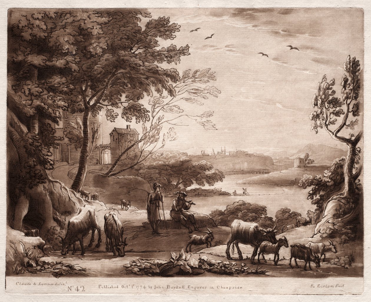 Liber Veritatis: Nr. 42, Eine Flusslandschaft mit einem Hirten und einer Hirtin und einer Herde von Rindern von Richard Earlom
