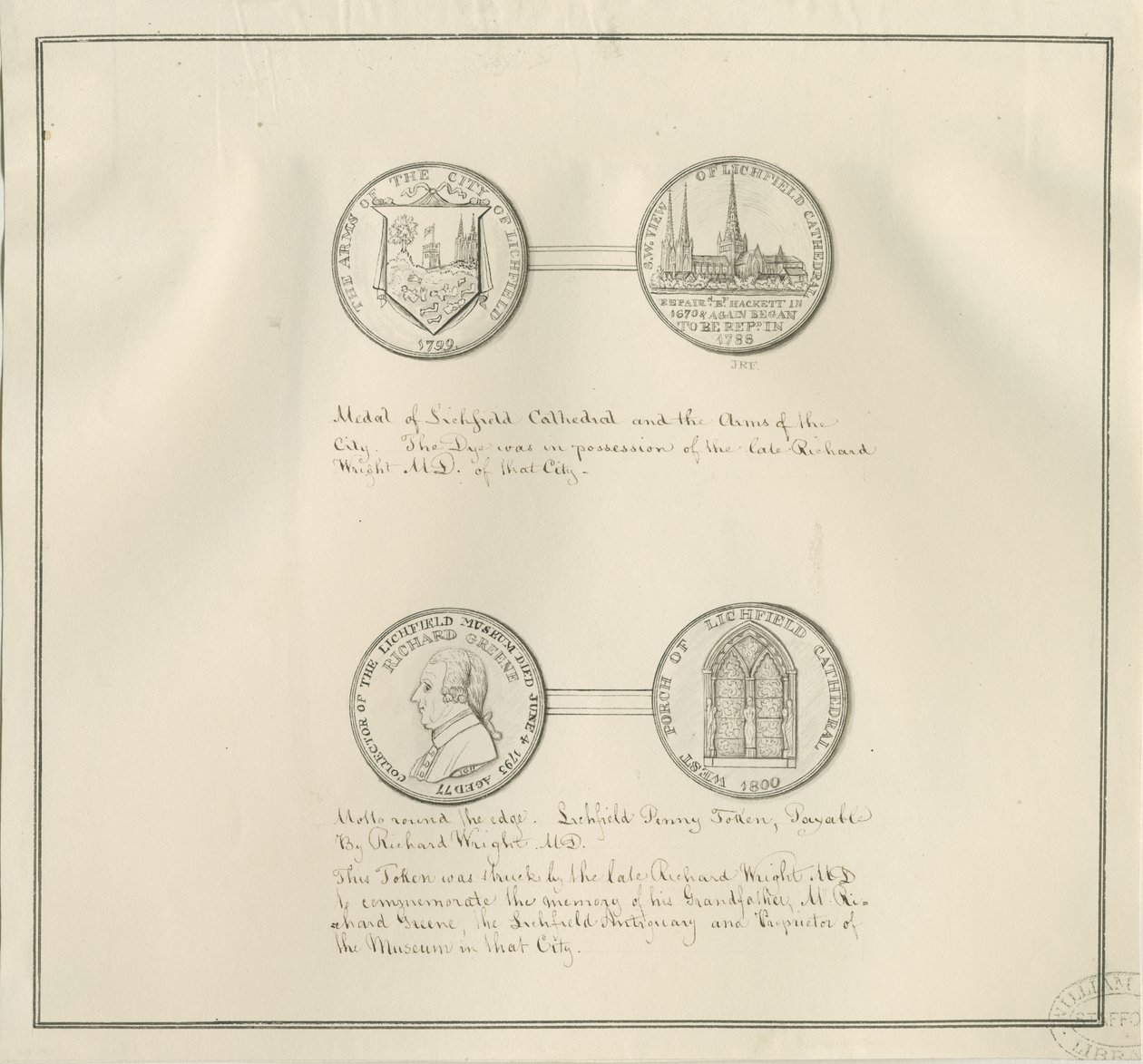 Lichfield - Medaillen der Kathedrale von Lichfield und des Stadtwappens, und ein Porträt von Richard Greene: Federzeichnung, undatiert [frühes 19. Jahrhundert] von Richard Greene