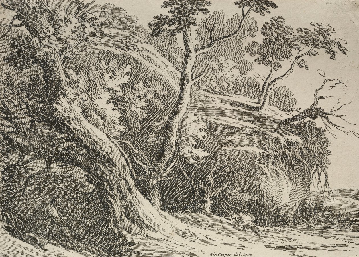 Beispiele der Polyautographie: Mann unter einer Eiche sitzend, 1802 von Richard II Cooper