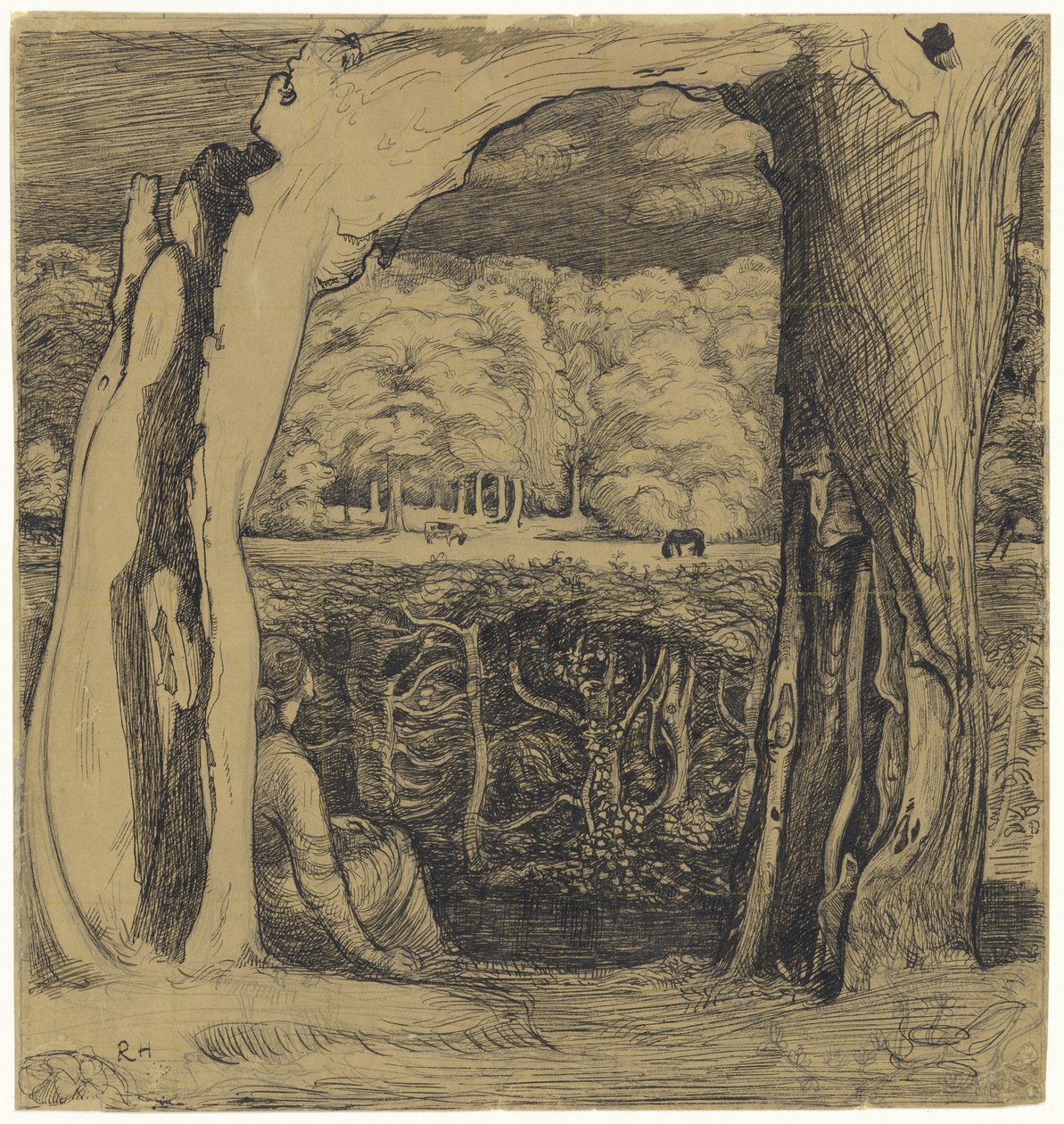 Landschaft mit einer Frau, die zwischen zwei Weiden sitzt von Richard Nicolaüs Roland Holst