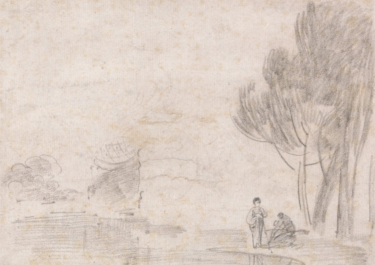 Ruinen des Tempels der Minerva?, Zwei Figuren am Flussufer von Richard Wilson