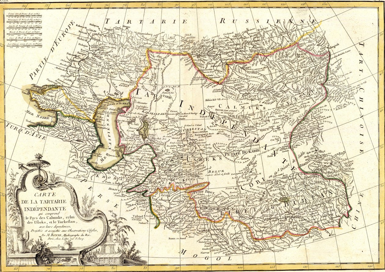 Karte der unabhängigen Tartarei, die das Land der Kalmücken, das der Usbeken und das Turkestan umfasst von Charles Marie Rigobert Bonne