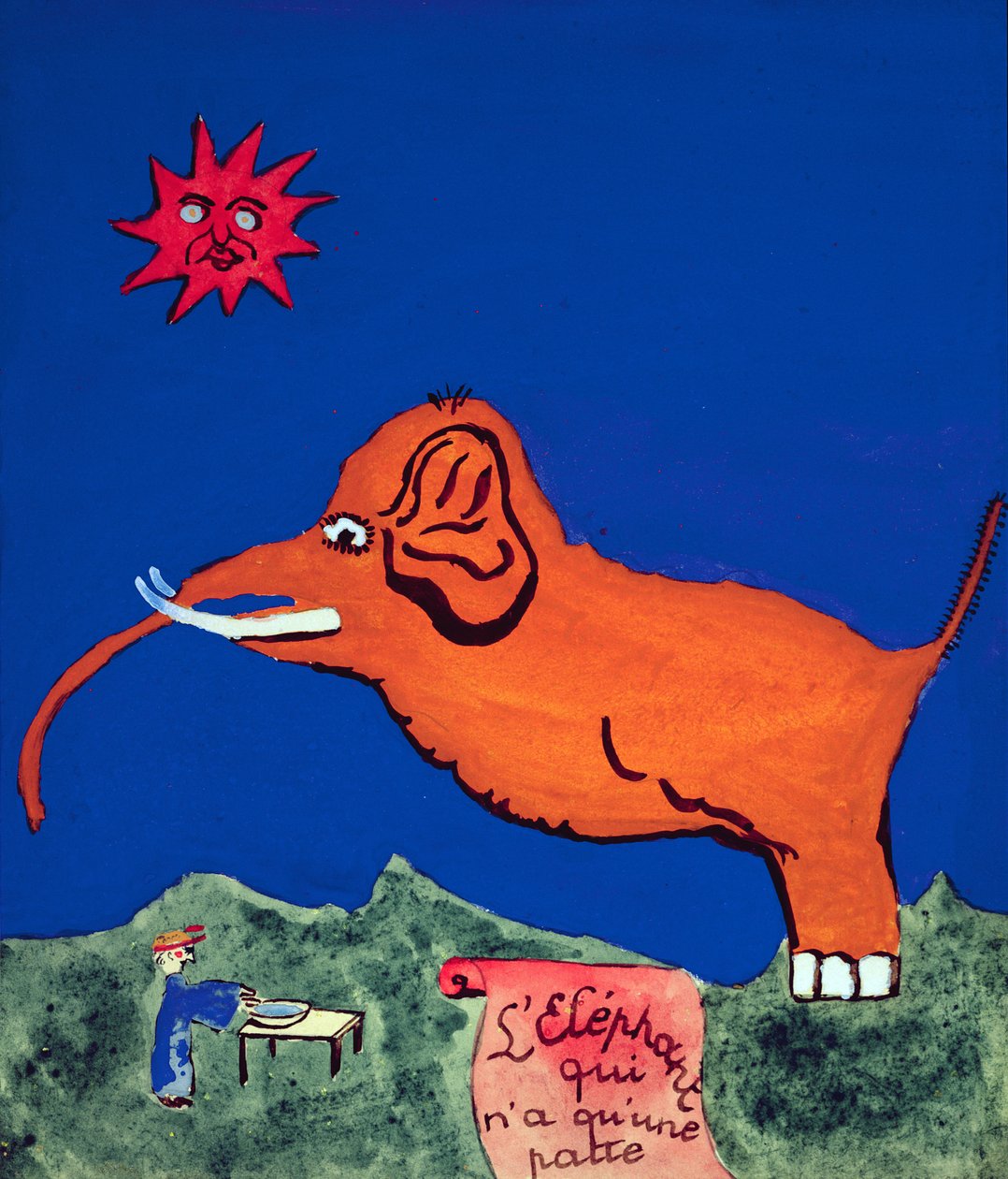 Der Elefant mit nur einem Bein, Illustration für die handgeschriebene Gedichtsammlung 
