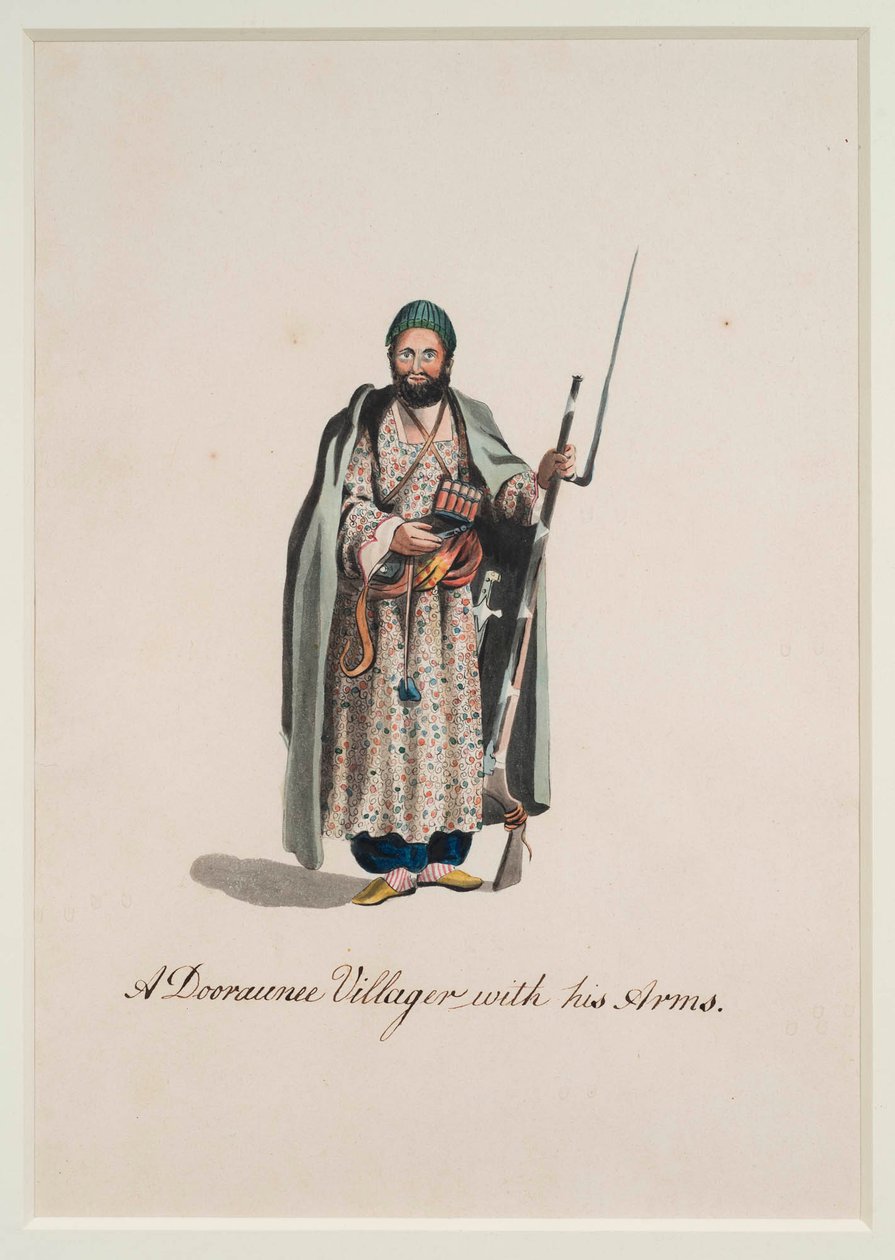 Ein Dooraunee-Dorfbewohner mit seinen Waffen, 1815 von Robert Melville Grindlay