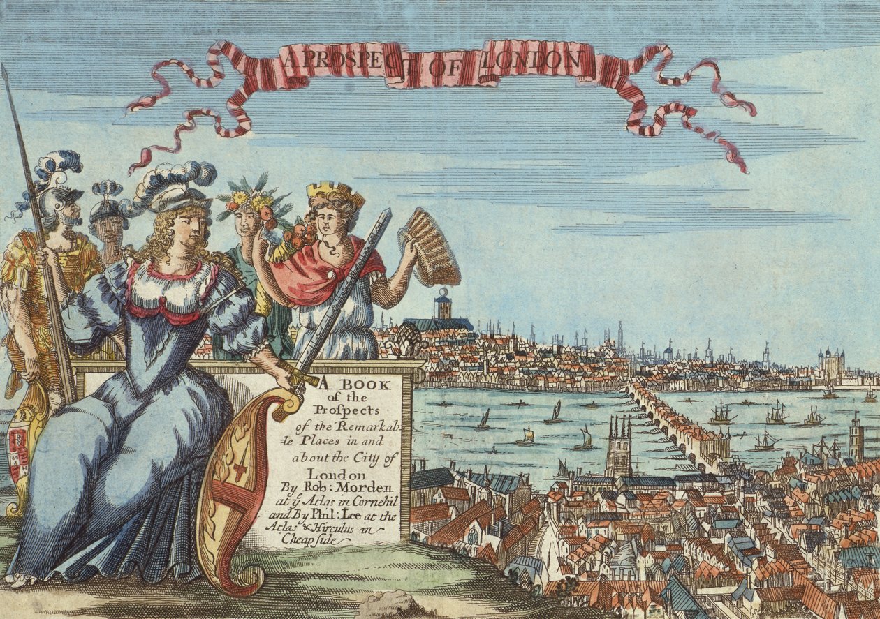 Eine Aussicht auf London, Frontispiz aus Ein Buch der Aussichten der bemerkenswerten Orte in und um die Stadt London, ca. 1700 von Robert Morden