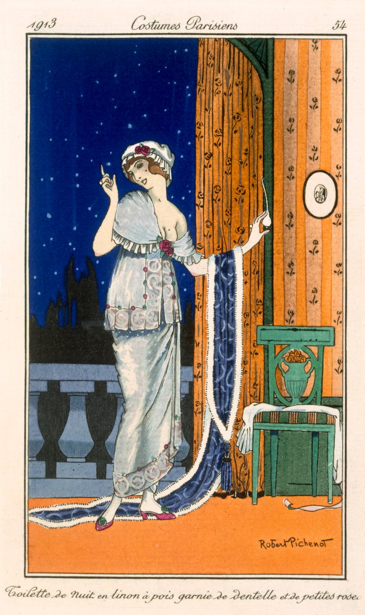 Gepunktetes Nachthemd mit Spitze und Mini-Rosen, 1914 von Robert Pichenot