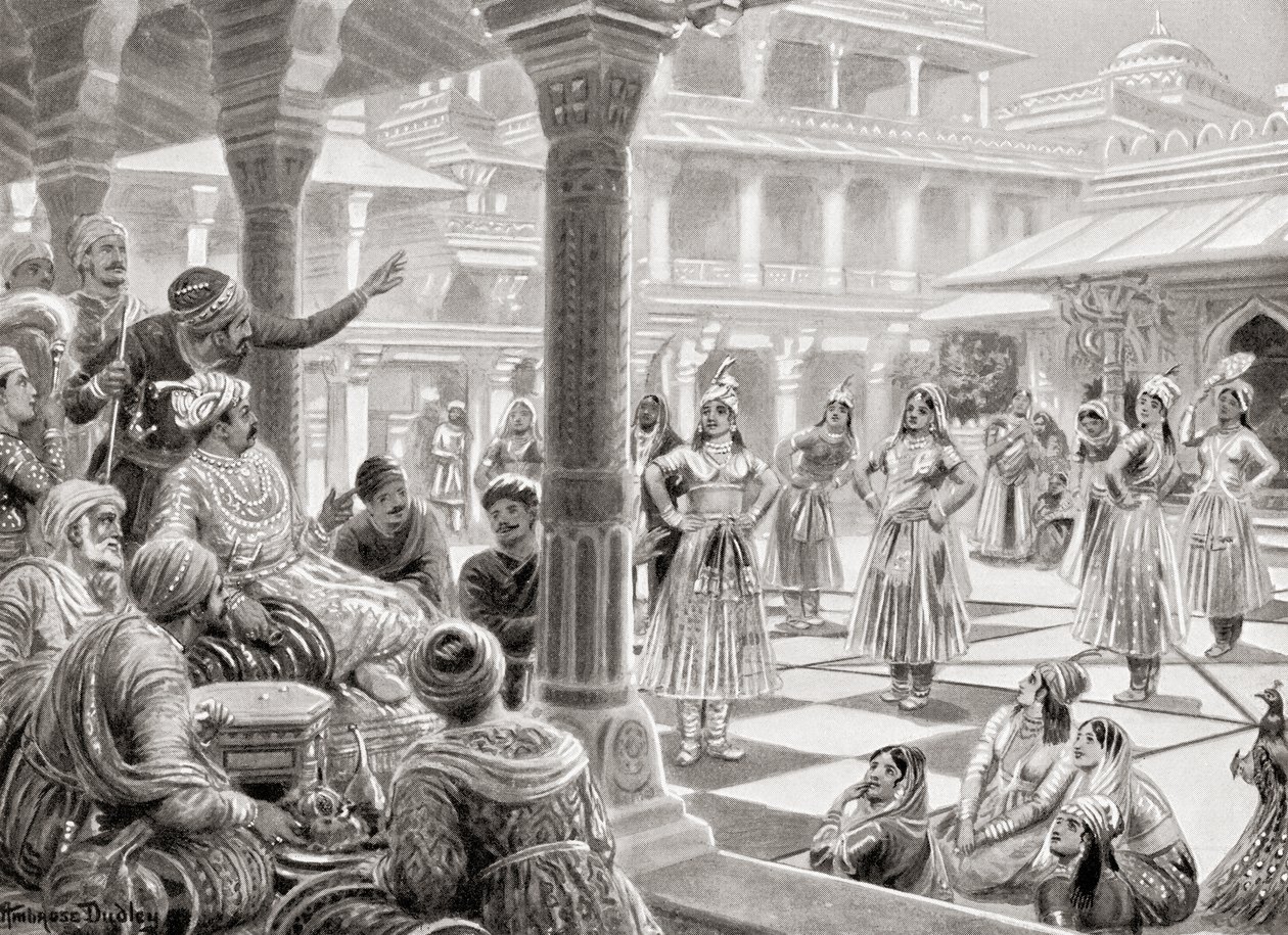 Akbar spielt Pachisi oder Chaupur mit lebenden Figuren in Fatehpur Sikri im Jahr 1575, aus Hutchinson