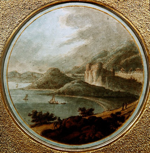 Schloss über einer Meeresbucht mit Schiffen, um 1775 von Robert (attr. to) Adam