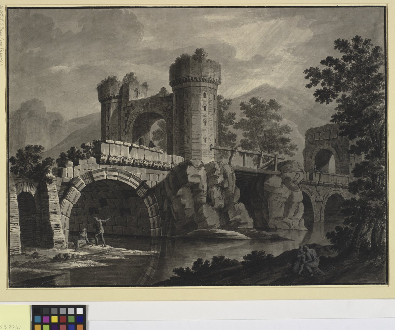Architektonische Fantasie einer zerstörten Brücke in einer Landschaft von Robert Adam