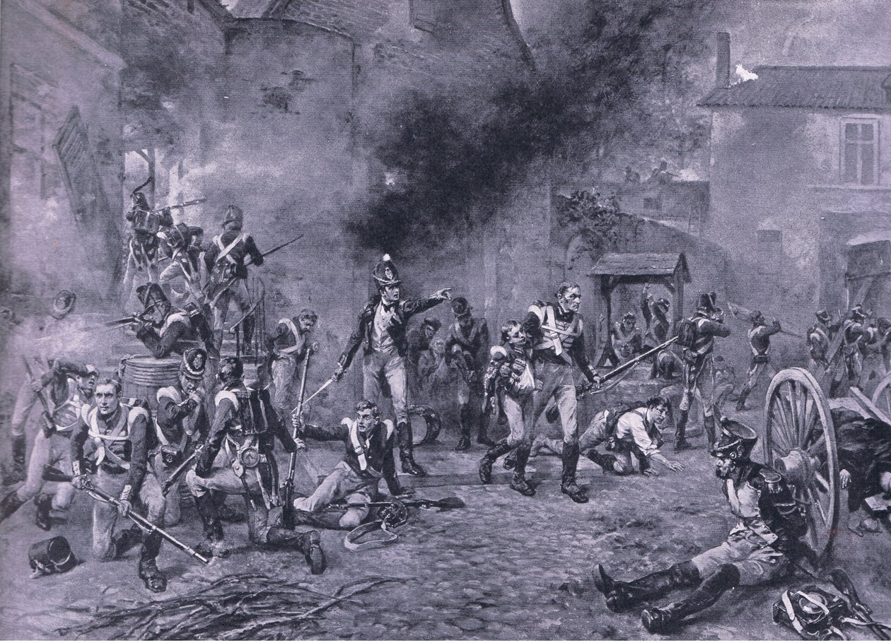 Die Verteidigung von Hougoumont am 18. Juni 1815, Illustration aus Britische Schlachten zu Land und zu Wasser, 1915 von Robert Alexander Hillingford