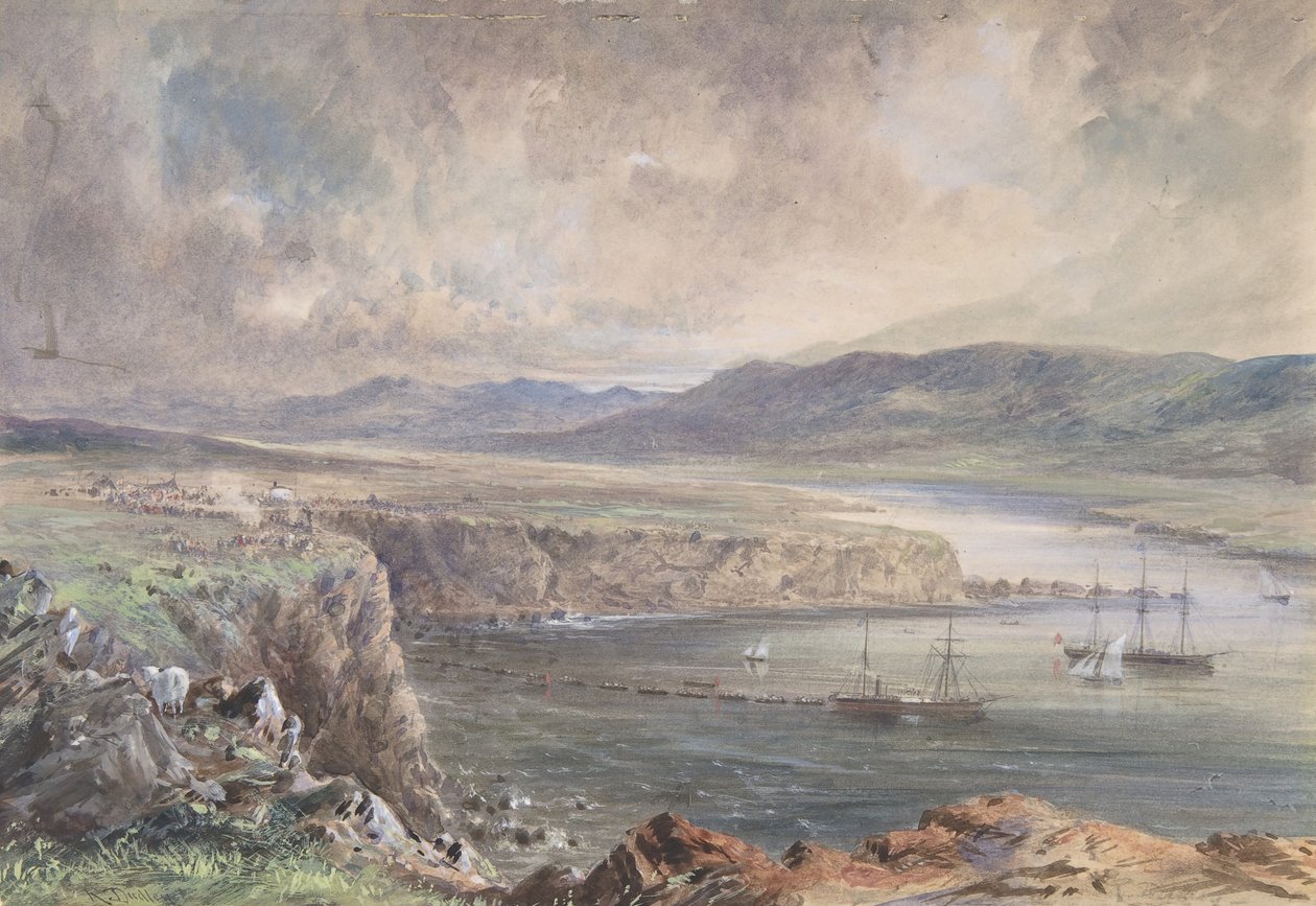 Foilhummerum Bay, Valentia, Blick von Cromwell Fort: Die Caroline und Boote..., 1865-1866 von Robert Charles Dudley