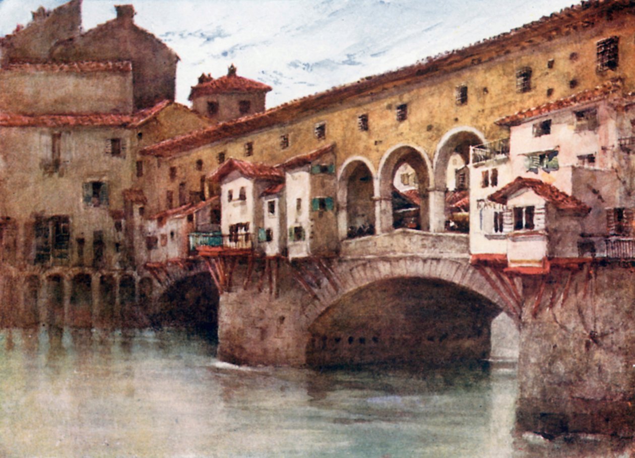 Studie, die die Ostseite der Ponte Vecchio und die alten Häuser der Via de