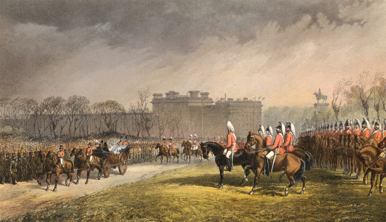 Hyde Park, die Prinzessin passiert die Linien der Freiwilligen, 7. März 1863 (Gravur) von Robert Dudley