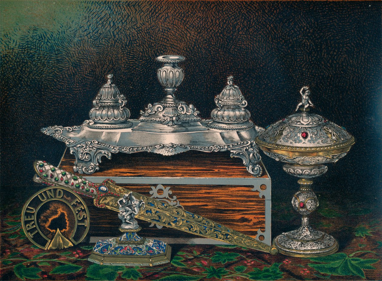 Tintenfass, Briefbeschwerer, Jagdmesser oder Dolch, Gedeckte Tazza, Briefbeschwerer, 1863 von Robert Dudley