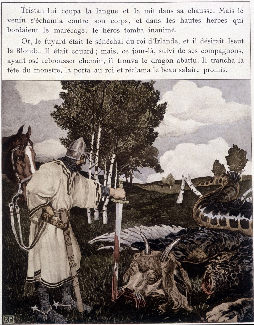 Tristan nahe dem toten Drachen - in „Le Roman de Tristan et Iseult“ von Bédier, ill. von Robert Engels, ed. of Art, Paris von Robert Engels