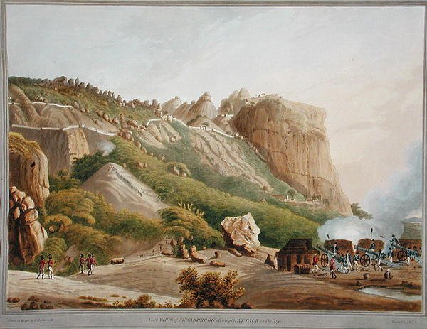 Nordansicht von Sewandroog, die den Angriff im Dezember 1791 zeigt, Illustration aus 