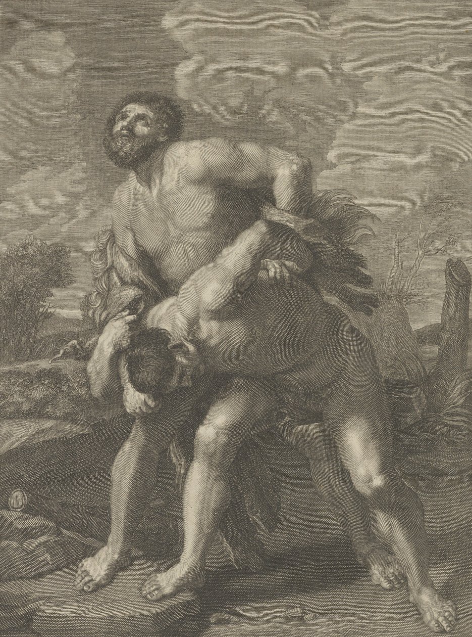 Herkules trägt ein Löwenfell und kämpft gegen Achelous, eine Landschaft im Hintergrund, ca. 1713-72 von Robert Hecquet