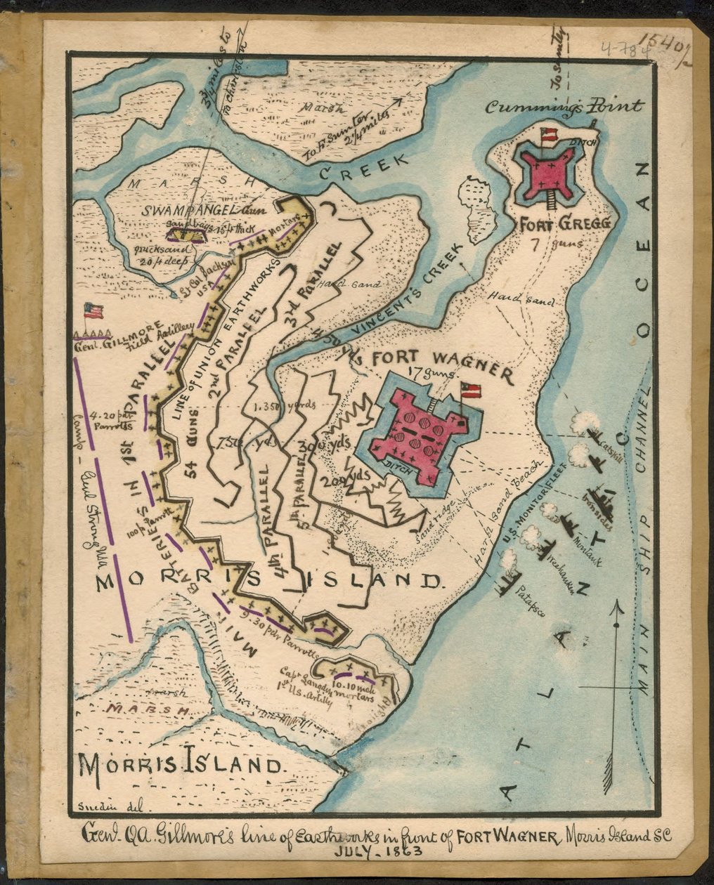 Genl. Q. A. Gillmores Linie der Erdwerke vor Fort Wagner, Morris Island, S.C., Juli 1863 von Robert Knox Sneden