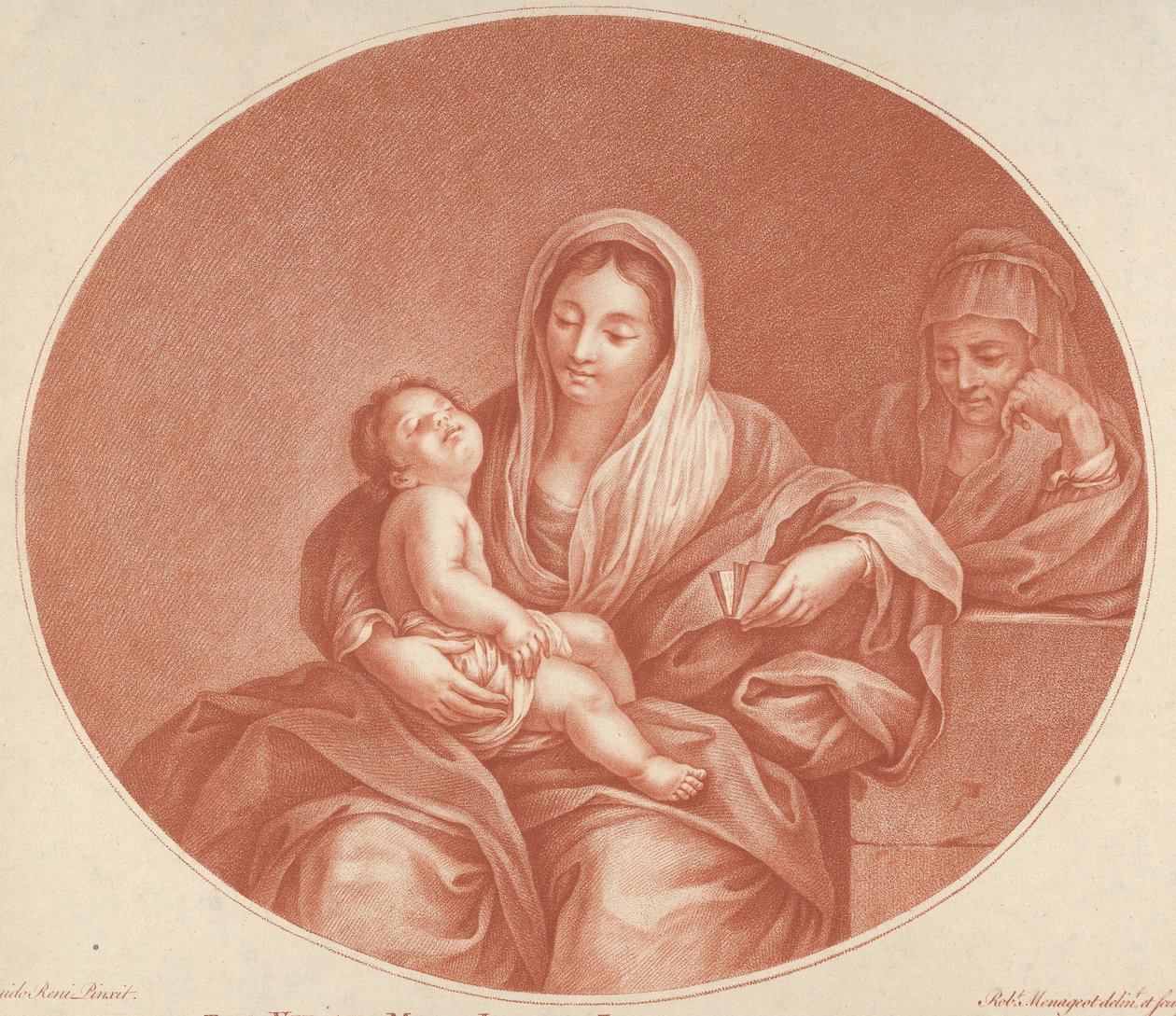 Die Jungfrau sitzt mit dem schlafenden Christuskind auf ihrem Schoß, rechts die Heilige Elisabeth von Robert Menageot