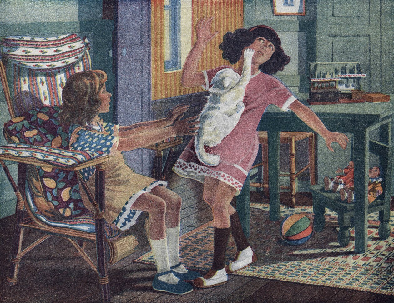 Annettes kleines Kätzchen: Eine weiße Katze kratzt das Gesicht eines kleinen Mädchens, das mit ihrer Freundin spielt. Illustration von Robert Salles (1871-1929) in „Ich kann lesen“. von Robert Salles