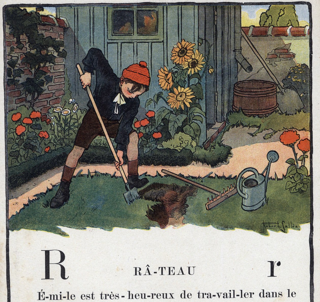 Kinderbuch „Ich werde lesen - Methodisches und lustiges Alphabet von einem Vater“ 1926. Illustration von Robert Salles (1871-1929). Abecedarium: Buchstabe R wie Rechen. Ein Junge im Garten seines Hauses. von Robert Salles