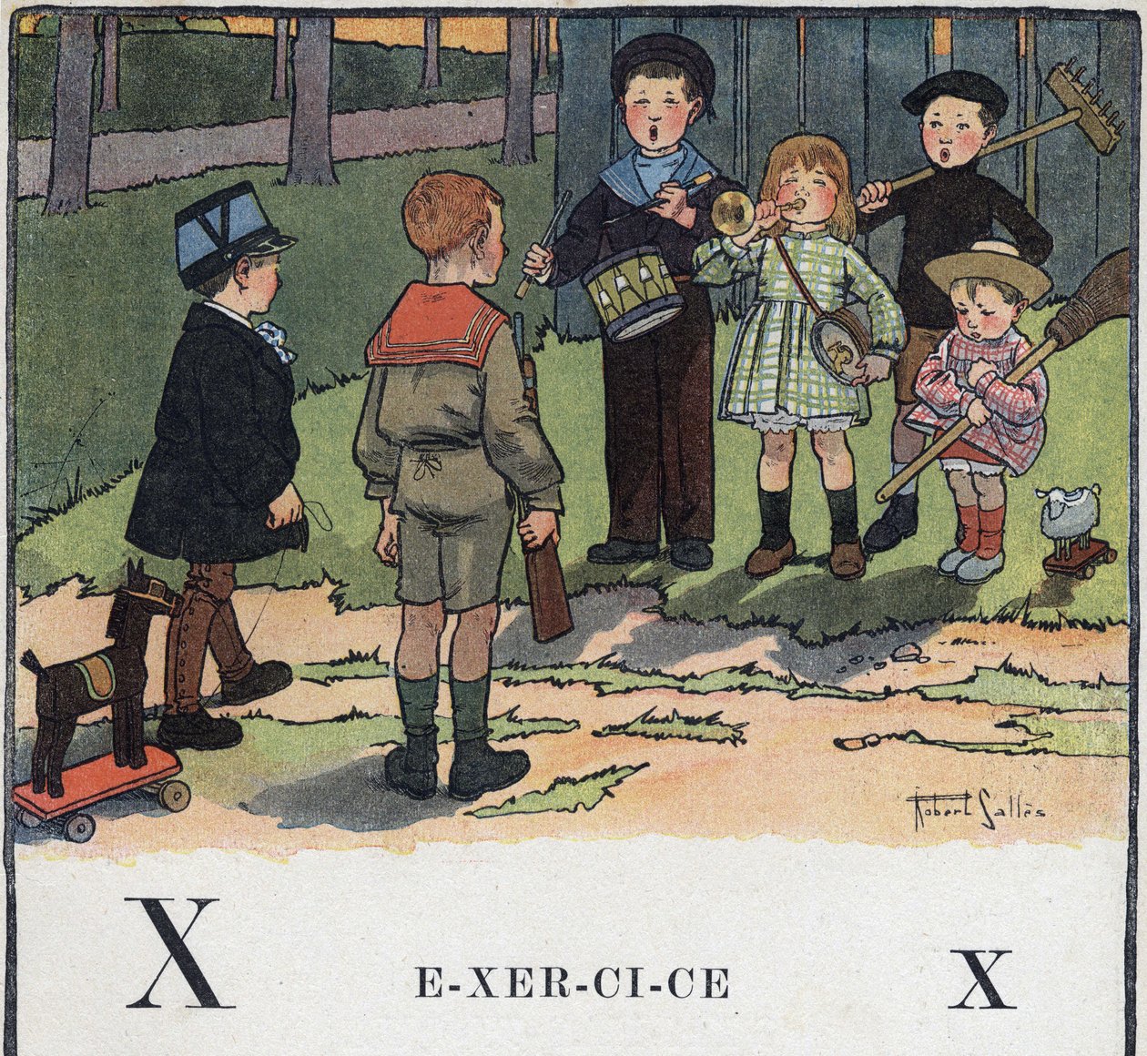 Kinderbuch „Ich werde lesen - Methodisches und lustiges Alphabet von einem Vater“ 1926. Illustration von Robert Salles (1871-1929). Abecedarium: Buchstabe X wie Übung. Kinder spielen Militär. von Robert Salles