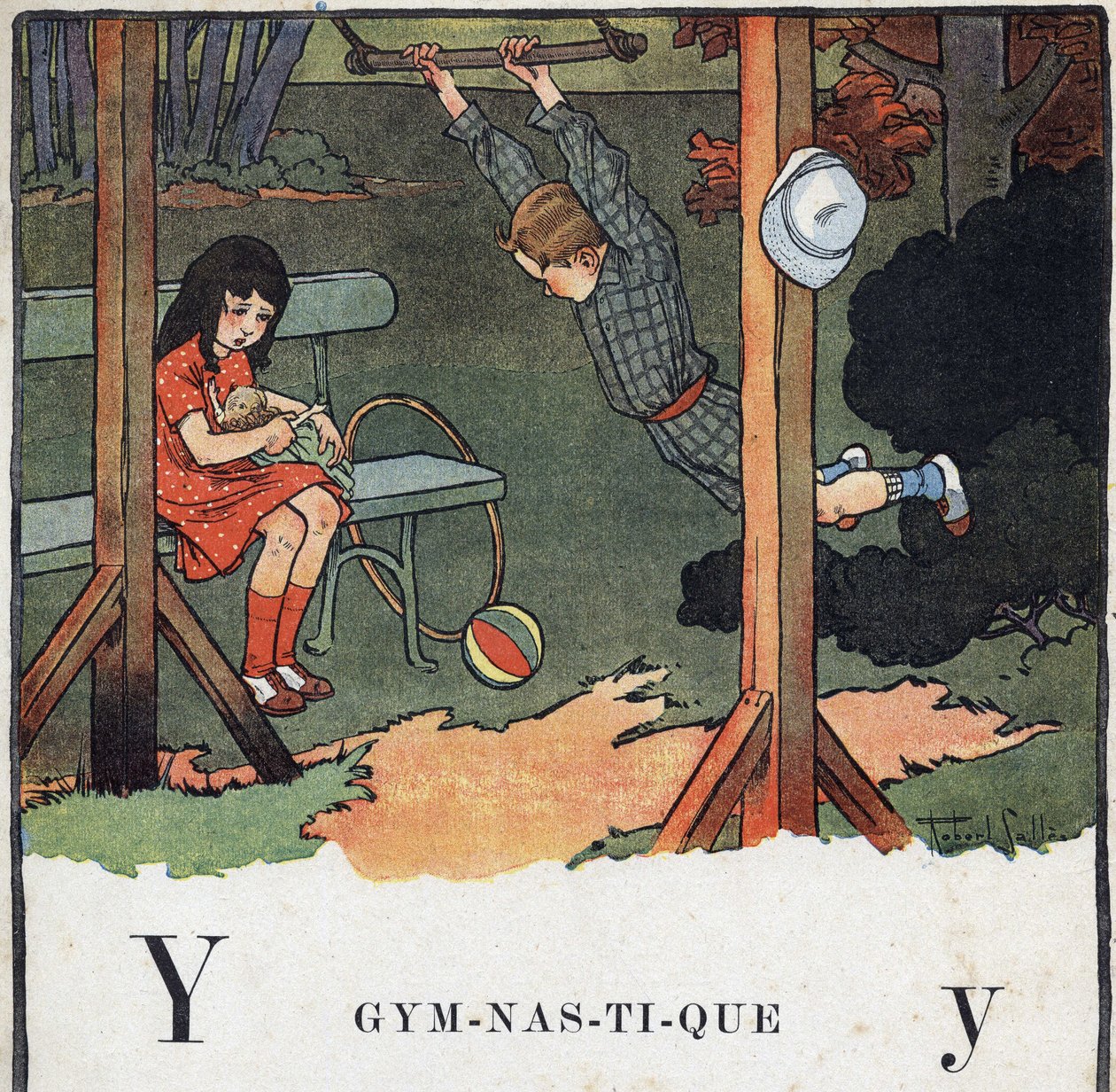 Kinderbuch „Ich werde lesen - Methodisches und lustiges Alphabet von einem Vater“ 1926. Illustration von Robert Salles (1871-1929). Abecedarium: Buchstabe Y wie Gymnastik. Ein Junge am Trapez, während ein Mädchen mit einer Puppe spielt. von Robert Salles