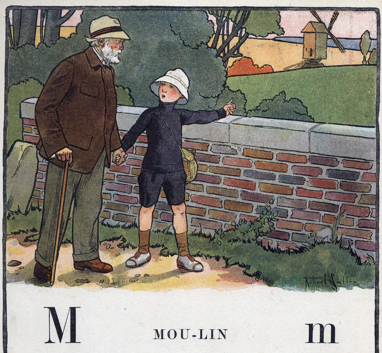 Kinderbuch „Ich werde lesen - Methodisches und lustiges Alphabet von einem Vater“ 1926. Illustration von Robert Salles (1871-1929). Abecedaire: Buchstabe M wie Mühle. Ein Junge geht mit seinem Großvater spazieren. Er zeigt auf eine Windmühle von Robert Salles