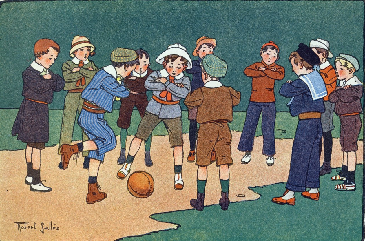 Deutscher Ball (Spiel mit verschränkten Armen). Gravur in "Was spielen wir?" von E. Weber mit Aquarellzeichnungen von Robert Salles (1871-1929). Librairie Garnier Frères, Paris. von Robert Salles