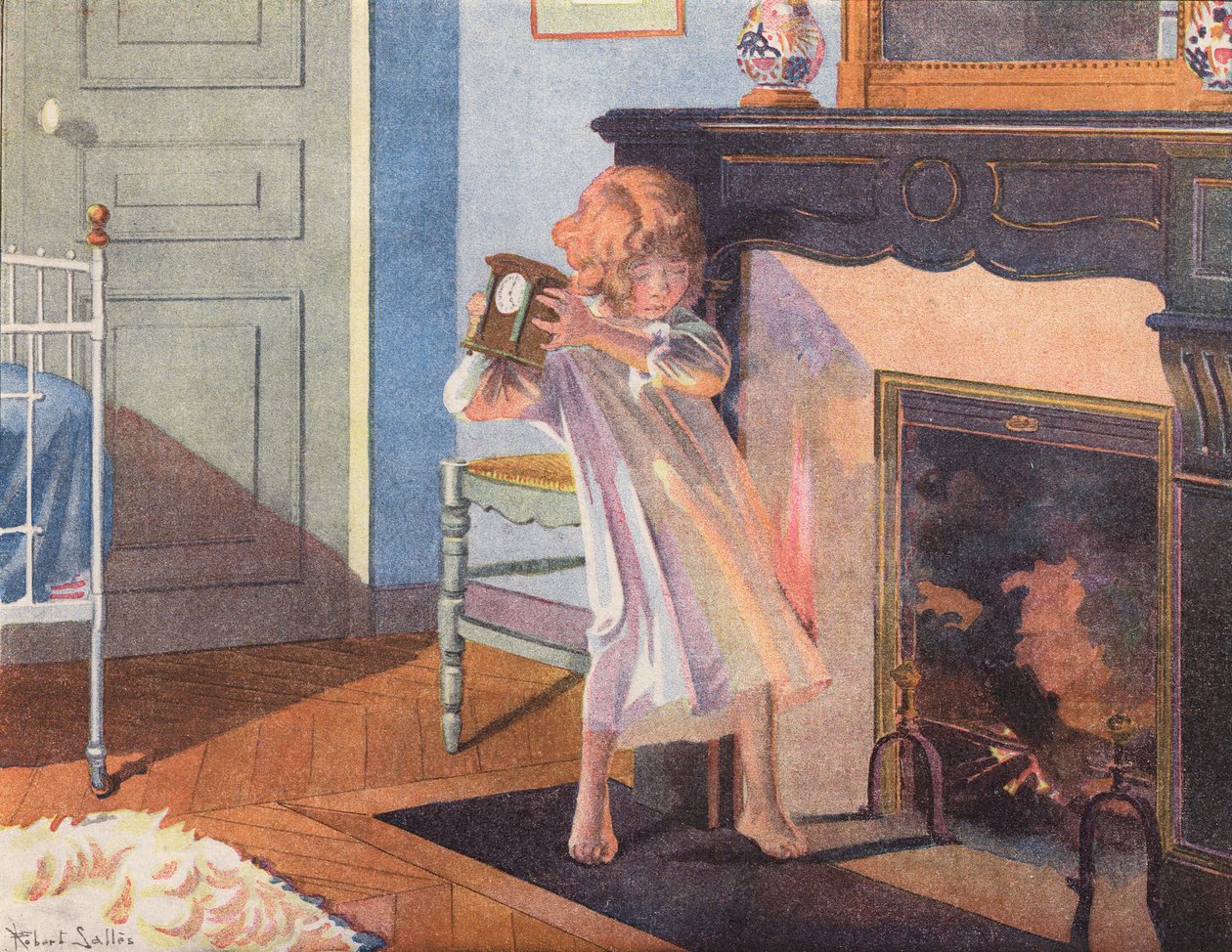 Kleines Mädchen mit einer Uhr am Kamin von Robert Salles
