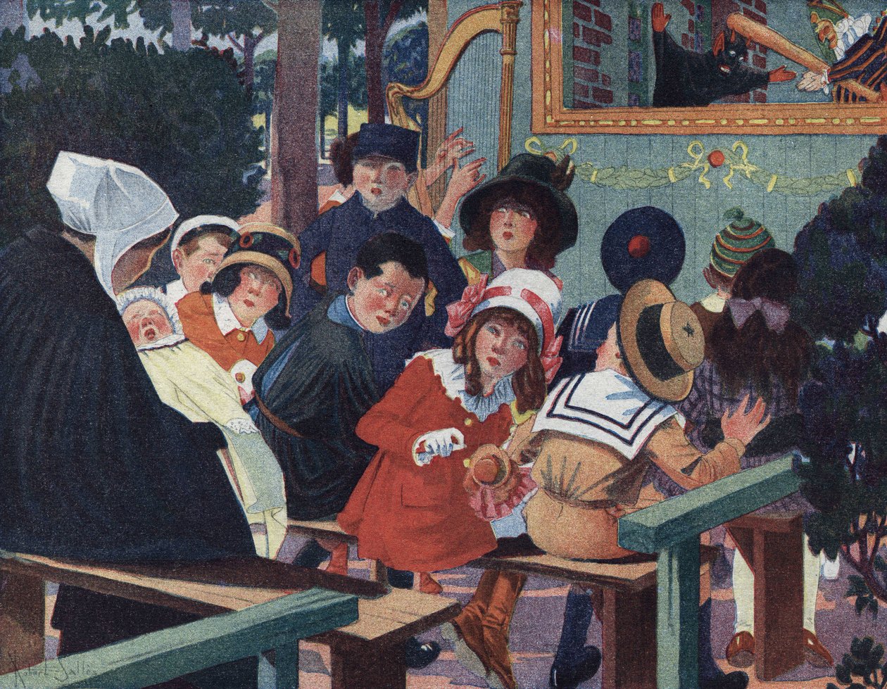 Puppentheater: Kinder im Guignol-Theater werden von einem weinenden Baby gestört. Illustration von Robert Salles (1871-1929) in „Ich kann lesen“ von Robert Salles
