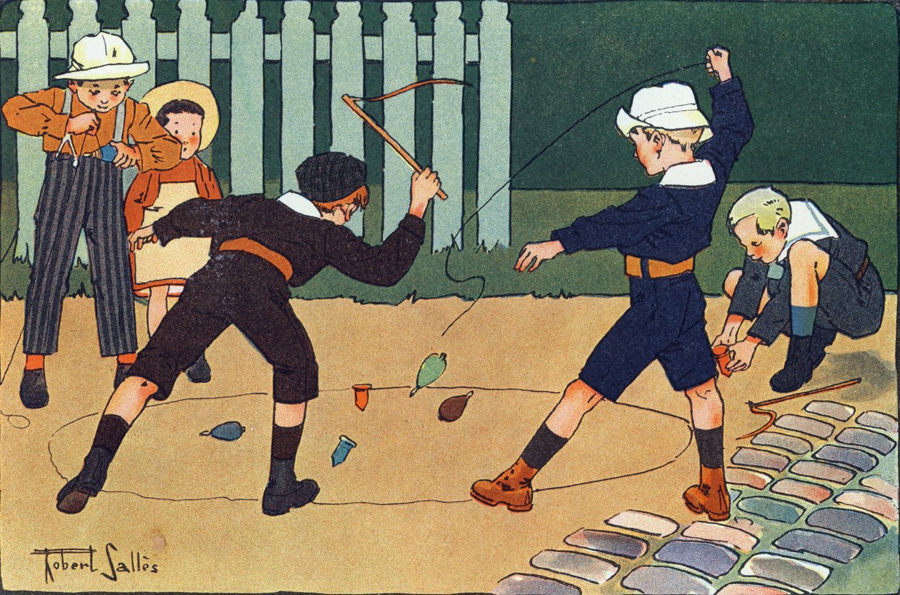 Der Kreisel (Spiel mit Peitsche). Gravur in "Was spielen wir?" von E. Weber mit Aquarellzeichnungen von Robert Salles (1871-1929). Librairie Garnier Freres, Paris von Robert Salles