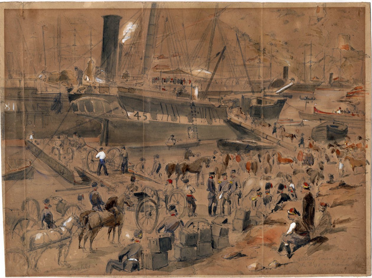 Einschiffung der Artillerie an Bord der Argo in Balaklava, Mai 1856 von Robert Thomas Landells