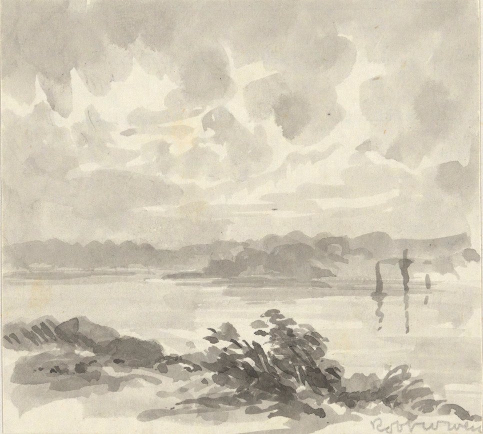 Landschaft - Blick auf einen See und Hügel von Robert Walter Weir
