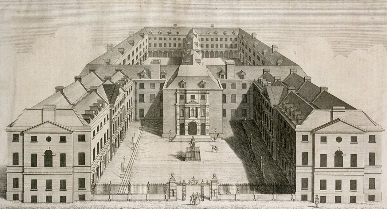 Vogelperspektive des Guys Hospital, Southwark, mit Figuren im Hof, graviert von William Henry Toms, ca. 1756 von Robert West