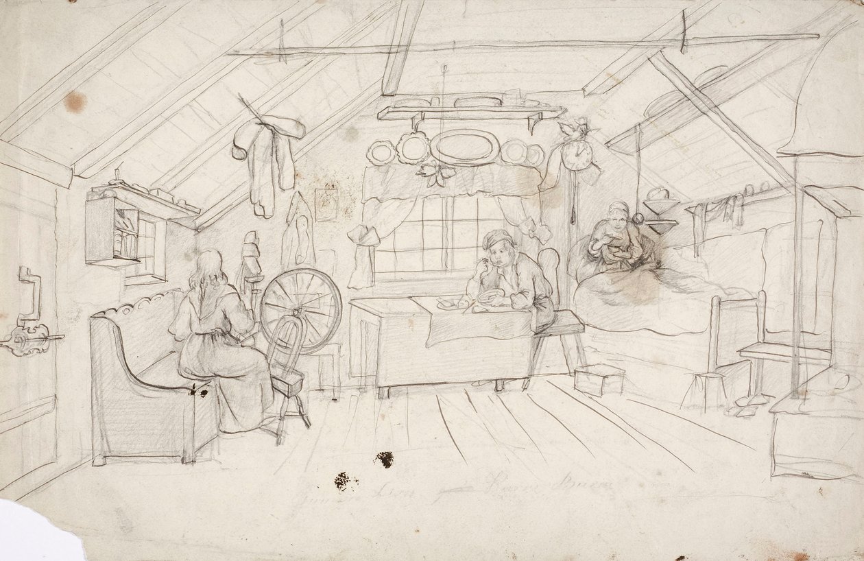 Interieur mit drei Personen: eine im Bett Kaffee trinkend, eine am Tisch Brei essend und eine bei der Spinnerei. von Robert Wilhelm Ekman