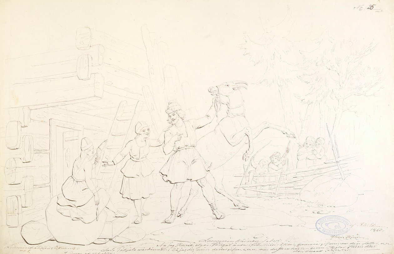 Lemminkäinen und das Hiiden-Hirvi; Originalzeichnung für die Serie "Kalewala, Finsk National-dikt, dargestellt in Zeichnungen von R.W. Ekman" von Robert Wilhelm Ekman