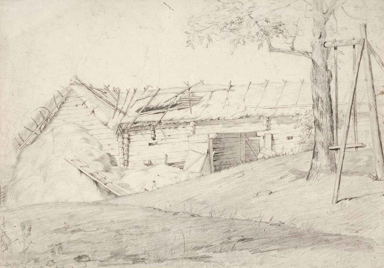 Scheune und Strohhaufen sowie Laubbaum mit Schaukel von Robert Wilhelm Ekman